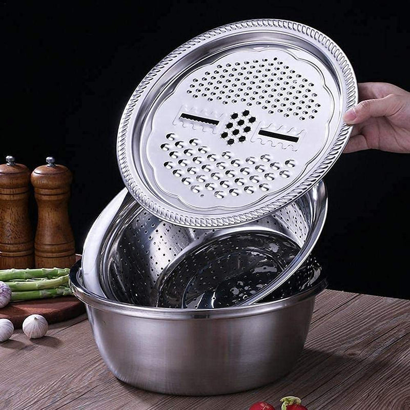 Stainless Steel 3 in 1 Strainer, Grater, Salad Maker Bowl